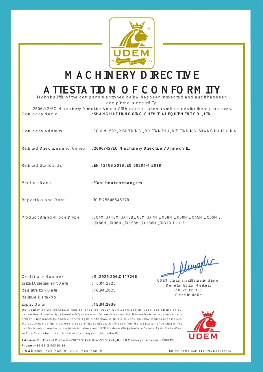 Machinery Directive Attestation of Conformity for Jiangxing plate heat exchangers issued by UDEM