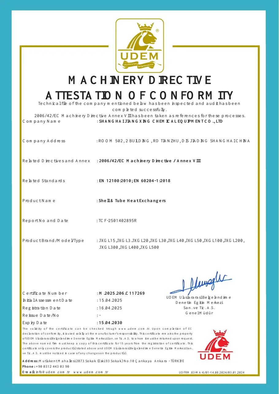 Machinery Directive Attestation of Conformity for Jiangxing shell and tube heat exchangers issued by UDEM